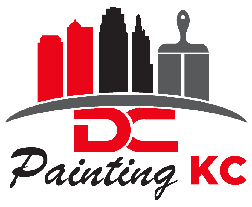 This is an image from DC Painting KC, located in Kansas. The logo for DC Painting KC features a city skyline graphic with a paintbrush icon and bold red and gray lettering representing professional residential and commercial painting services.