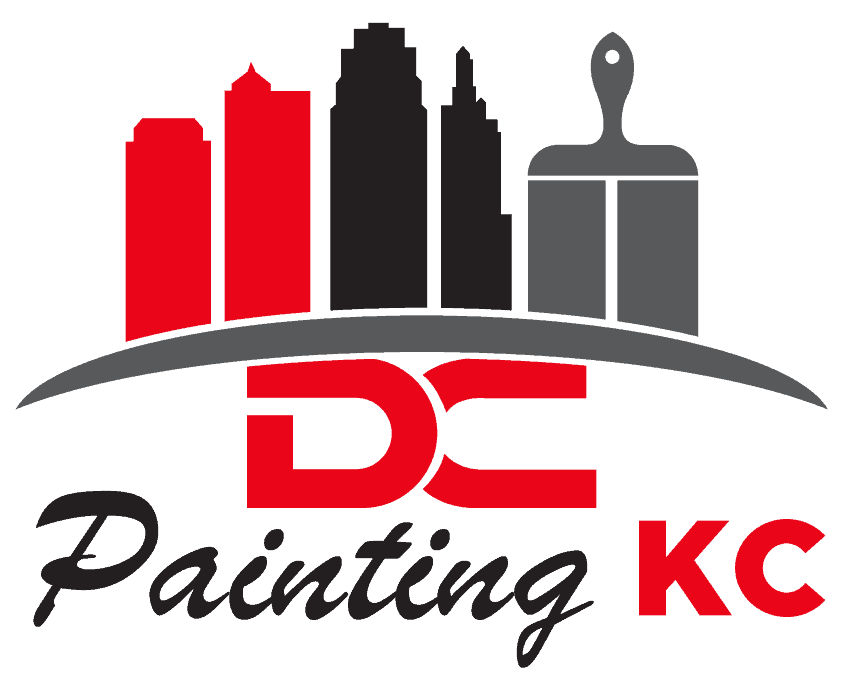 This is an image from DC Painting KC, located in Kansas. The logo for DC Painting KC features a city skyline graphic with a paintbrush icon and bold red and gray lettering representing professional residential and commercial painting services.