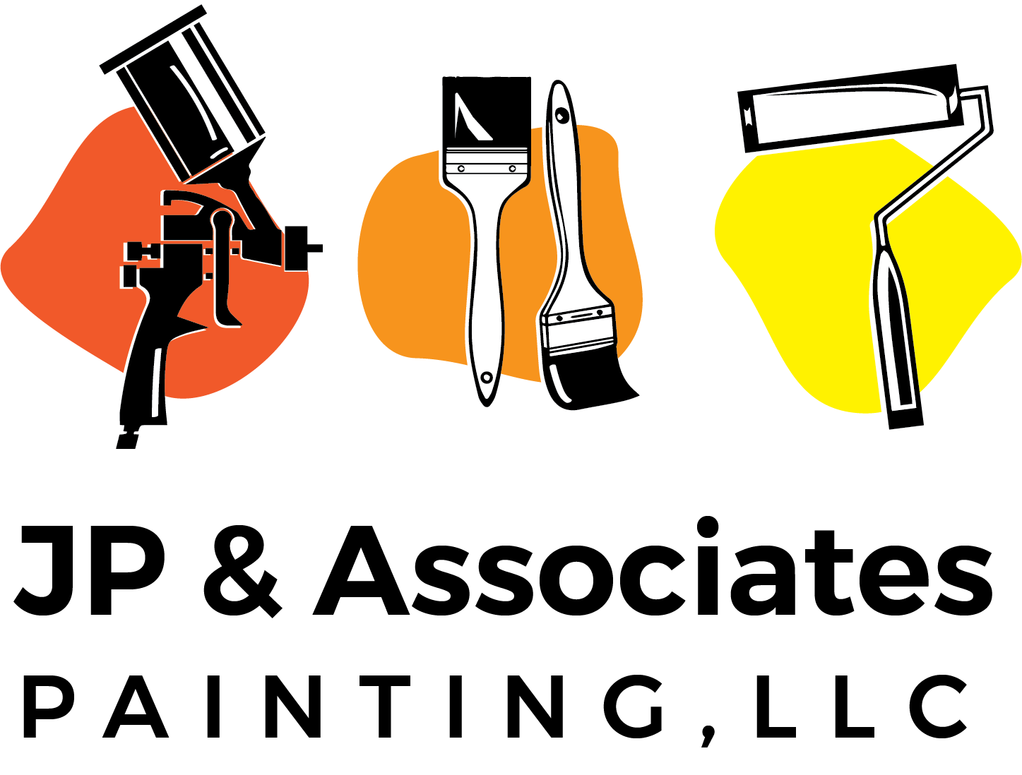 This is an image from JP & Associates Painting, LLC, located in Minnesota. The logo for JP & Associates Painting, LLC features black text with graphics of a paint sprayer, paintbrushes, and a paint roller over orange and yellow background shapes.