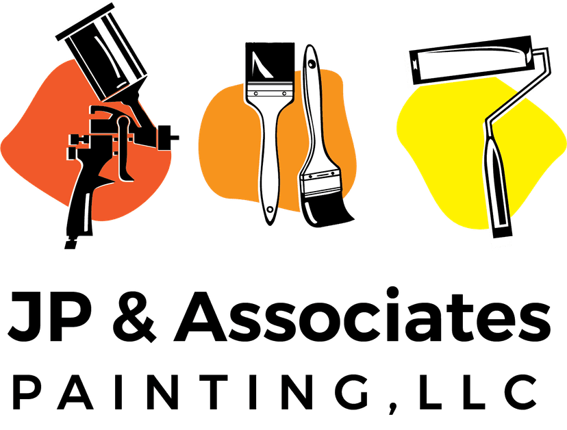 This is an image from JP & Associates Painting, LLC, located in Minnesota. The logo for JP & Associates Painting, LLC features black text with graphics of a paint sprayer, paintbrushes, and a paint roller over orange and yellow background shapes.