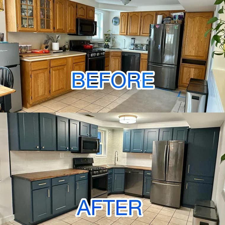 Before and after images of a kitchen renovation where wooden cabinets were repainted in navy blue with modern finishes.