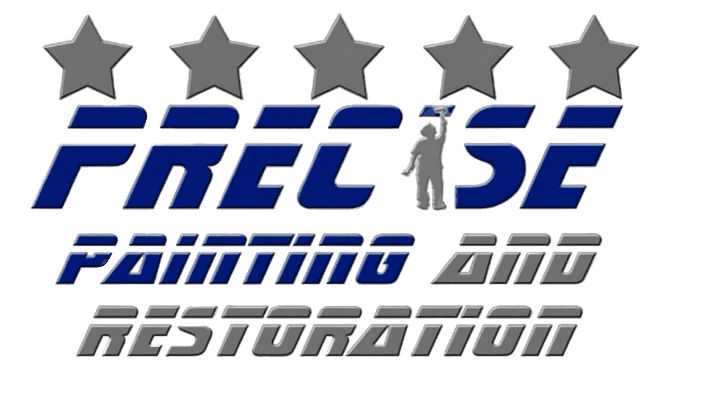 This is an image from Precise Painting and Restoration, located in Illinois. The logo for Precise Painting and Restoration features blue and gray text with five gray stars and a painter silhouette graphic.