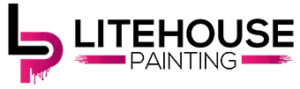 This is an image from Litehouse Painting, located in Ohio. The logo for Litehouse Painting features a modern, minimalist design with stylized lettering in dark and pink accents on a black background.