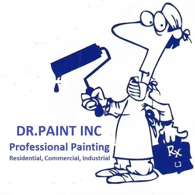 This is an image from Dr. Paint Inc., located in Illinois. The logo for Dr. Paint Inc. features a blue cartoon painter holding a paint roller, with blue text for professional residential, commercial, and industrial painting services.