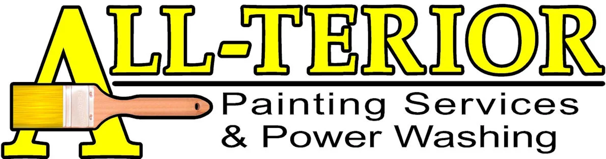 The company logo for All-Terior Painting Services & Power Washing, featuring the business name in large yellow letters outlined in black. A paintbrush graphic forms part of the stylized capital letter "A," and the tagline "Painting Services & Power Washing" appears underneath.