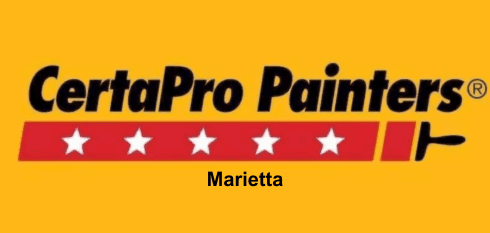 This is an image from CertaPro Painters, located in Georgia. The logo for CertaPro Painters features bold black text on a bright yellow background with a red banner of five white stars and a paint roller graphic, with 'Marietta' displayed beneath.