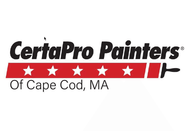 This is an image from CertaPro Painters of Cape Cod, located in Massachusetts. The logo for CertaPro Painters of Cape Cod features a bold yellow background, a red paint stroke with five stars and a paint roller icon, and a black wordmark.