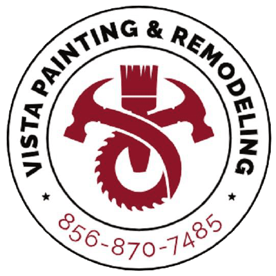 This is an image from Vista Painting & Remodeling, located in New Jersey. The logo for Vista Painting & Remodeling features a maroon paintbrush and circular saw design within a black circular border, along with the company name and phone number.