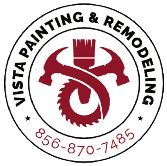 This is an image from Vista Painting & Remodeling, located in New Jersey. The logo for Vista Painting & Remodeling features a maroon paintbrush and circular saw design within a black circular border, along with the company name and phone number.