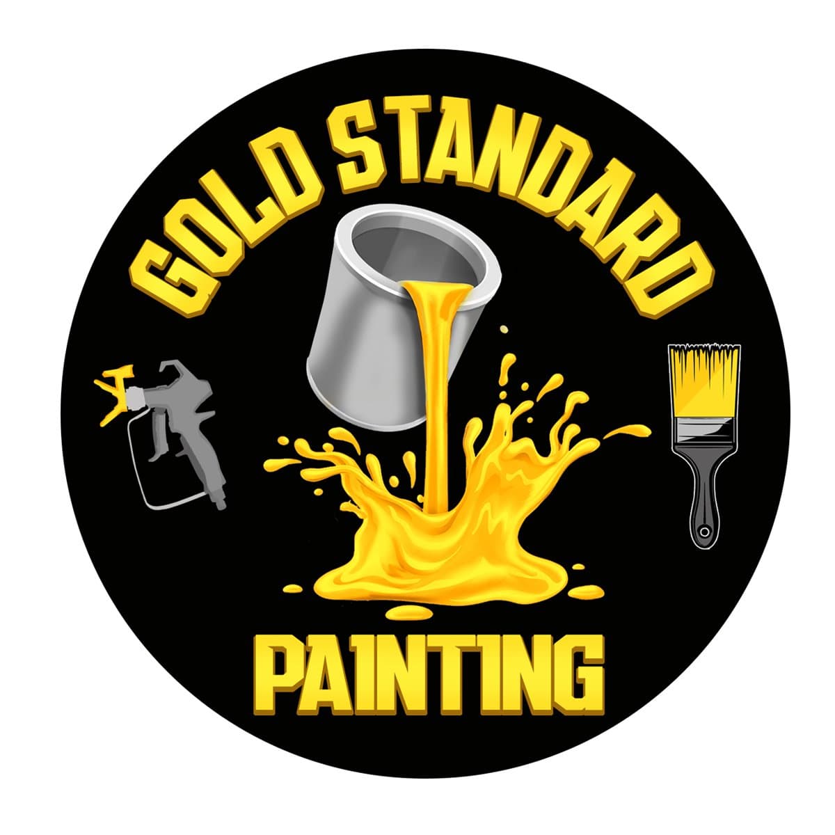 This is an image from Gold Standard Painting, located in Minnesota. The logo for Gold Standard Painting features bold yellow lettering with a paint bucket pouring gold paint, alongside a spray gun and paintbrush graphic on a black background.