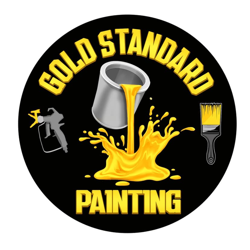 This is an image from Gold Standard Painting, located in Minnesota. The logo for Gold Standard Painting features bold yellow lettering with a paint bucket pouring gold paint, alongside a spray gun and paintbrush graphic on a black background.