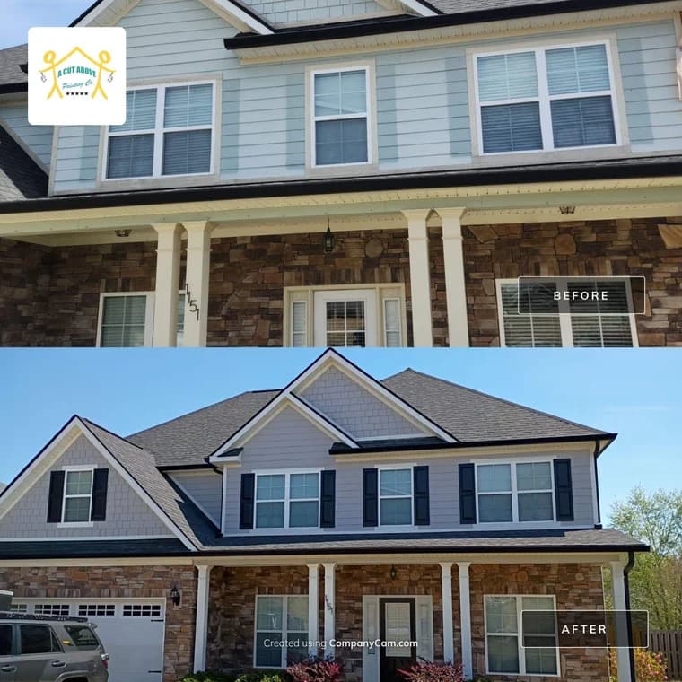 This is an image from A Cut Above Painting Co. company, located in Evans, GA The image is a before and after exterior house painting showing transformation from light blue siding to modern gray with black shutters by A Cut Above Painting Co.
