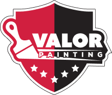 This is an image from Valor Painting, located in Arizona. The logo for Valor Painting features a red, white, and black shield design with a paint roller icon, bold lettering, and stars.