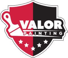 This is an image from Valor Painting, located in Arizona. The logo for Valor Painting features a red, white, and black shield design with a paint roller icon, bold lettering, and stars.