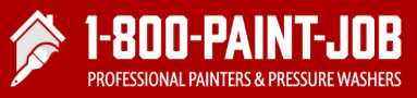 This is an image from 1-800-PAINT-JOB, located in the United States. The logo for 1-800-PAINT-JOB features bold white text on a red background with a house and paintbrush icon alongside the company name and tagline.