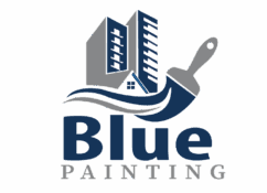 This is an image from Blue Painting, located in Texas. The logo for Blue Painting features two stylized high-rise buildings above a sweeping paint stroke that transitions into a paintbrush, with the company name displayed in bold blue lettering.