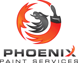 This is an image from Phoenix Paint Services, located in California. The logo for Phoenix Paint Services features a stylized phoenix graphic in red and black with bold lettering, representing professional residential and commercial painting services.