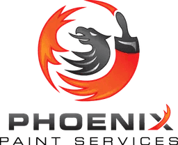 This is an image from Phoenix Paint Services, located in California. The logo for Phoenix Paint Services features a stylized phoenix graphic in red and black with bold lettering, representing professional residential and commercial painting services.