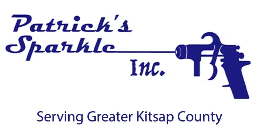 This is an image from Patrick's Sparkle Inc., located in Washington. The logo for Patrick's Sparkle Inc. features blue stylized text alongside a paint sprayer graphic with the phrase 'Serving Greater Kitsap County' underneath."
