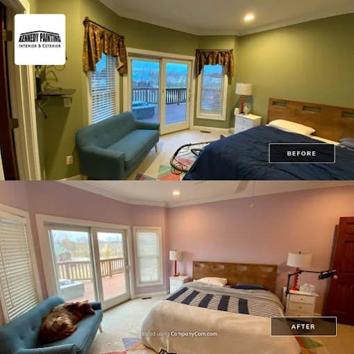 This is an image from Kennedy Painting Interior & Exterior, located in Indiana. The image shows a before-and-after bedroom interior painting project with updated wall colors, improved lighting appearance, and a clean, finished look after professional interior painting.
