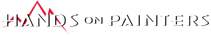 This is an image from Hands On Painters, located in Maryland. The logo for Hands On Painters features stylized red mountain-shaped peaks above bold white text with a thin black outline.