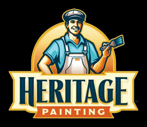 This is an image from Heritage Painting, located in Indiana. The logo for Heritage Painting features an illustrated painter holding a brush, bold vintage-style lettering, and warm yellow and blue tones representing the painting company.