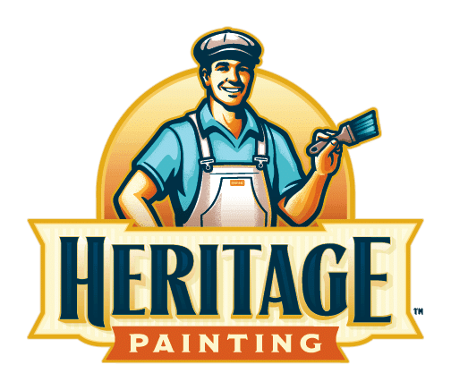 This is an image from Heritage Painting, located in Indiana. The logo for Heritage Painting features an illustrated painter holding a brush, bold vintage-style lettering, and warm yellow and blue tones representing the painting company.