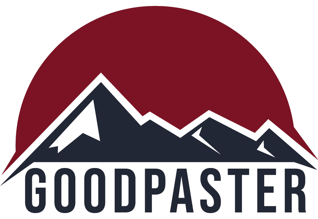 This is an image from Goodpaster Painting & Guttering, located in Tennessee. The image is a Goodpaster Painting & Guttering logo featuring mountain peaks beneath a maroon sun, symbolizing strength and reliability.
