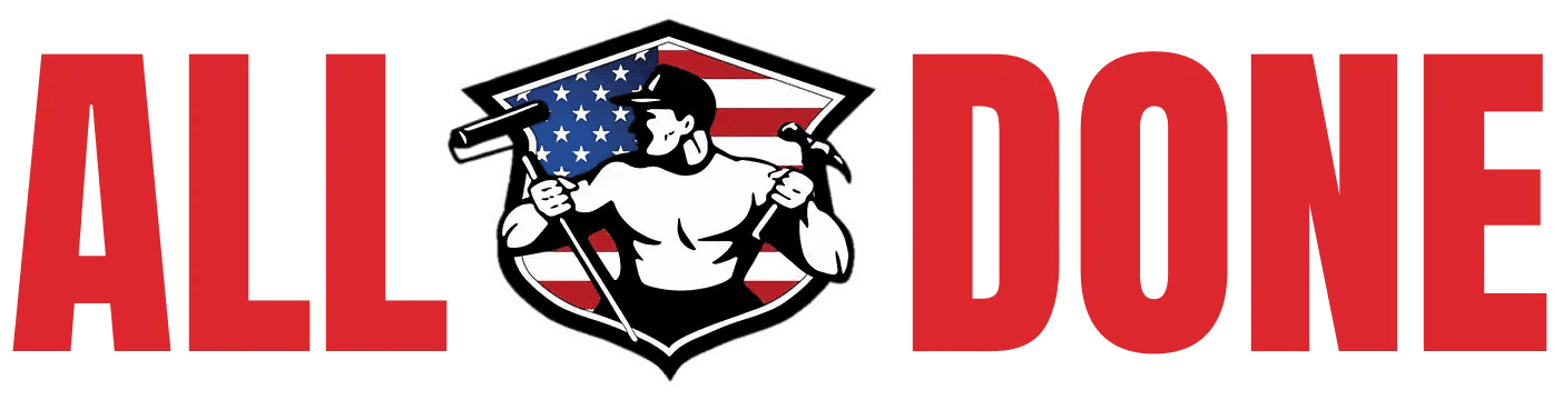 This is an image from All Done Painting & Power Washing, located in Ohio. The logo for All Done Painting & Power Washing features bold red lettering with a muscular worker holding painting tools over an American flag shield design.