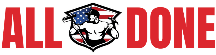 This is an image from All Done Painting & Power Washing, located in Ohio. The logo for All Done Painting & Power Washing features bold red lettering with a muscular worker holding painting tools over an American flag shield design.