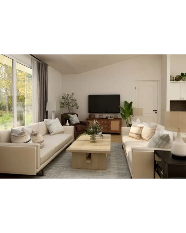 "This is an image from El Paso Paint Kings, located in Texas. The interior photo displays a living room with freshly painted light walls, two matching sofas, a wood coffee table, and natural light coming through large sliding doors."
