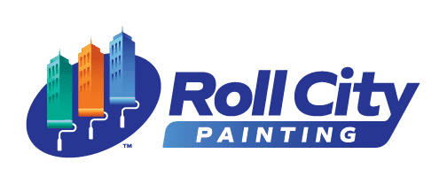 "This is an image from Roll City Painting, located in Texas. The logo for Roll City Painting features three colorful paint rollers forming stylized buildings above bold blue text."