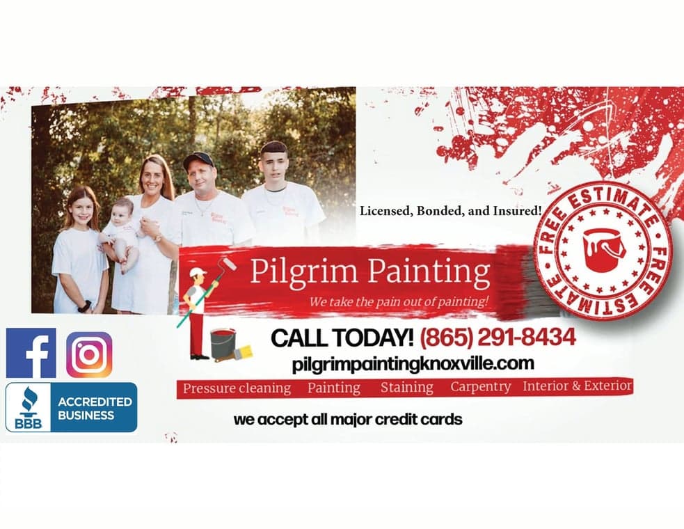 This is an image from Pilgrim Painting, located in Tennessee. The image is a Pilgrim Painting logo featuring the tagline “Take the ‘Pain’ out of ‘Painting’” with contact details and a free estimate badge.