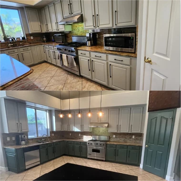 "This is an image from Painter1 of Greater North Austin, located in Texas. The before-and-after kitchen update shows two-tone cabinetry with gray uppers and darker green lowers, alongside new lighting fixtures."