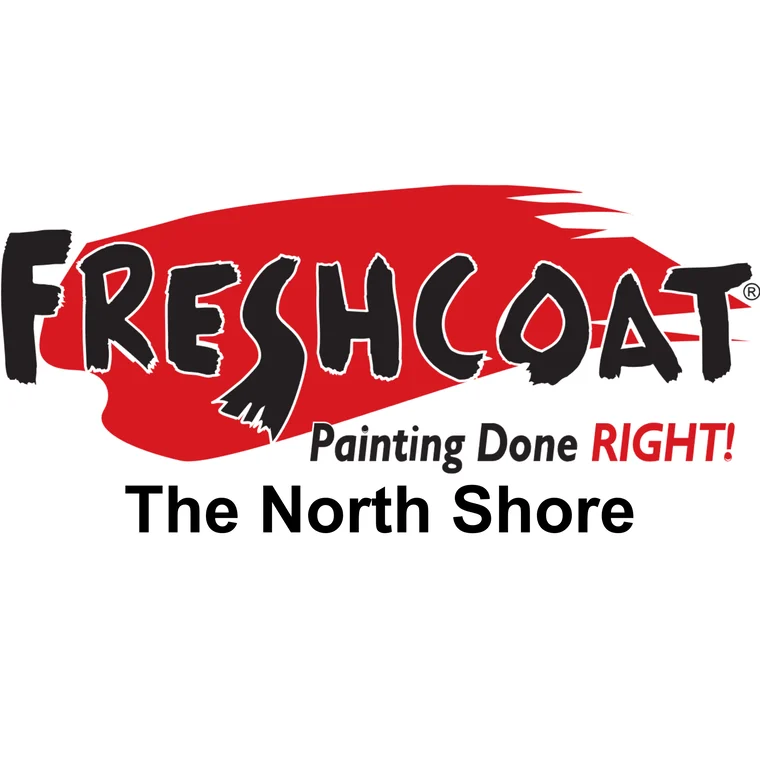 This is an image from Fresh Coat Painters of The North Shore, located in Illinois. The logo for Fresh Coat Painters of The North Shore features bold black brush-style lettering over a red paint stroke with the tagline Painting Done Right