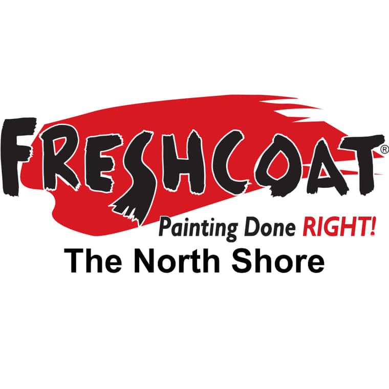 This is an image from Fresh Coat Painters of The North Shore, located in Illinois. The logo for Fresh Coat Painters of The North Shore features bold black brush-style lettering over a red paint stroke with the tagline Painting Done Right