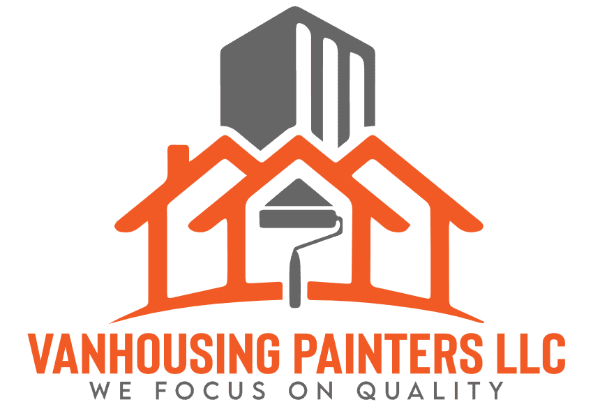 This is an image from Vanhousing Painters LLC, located in Washington. The logo for Vanhousing Painters LLC features bold orange text with a stylized graphic of two orange house outlines, a gray paint roller, and a gray hexagonal paint can above, along with the tagline 'We Focus On Quality.
