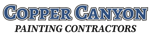 This is an image from Copper Canyon Painting Contractors, located in Arizona. The logo for Copper Canyon Painting Contractors features bold blue outlined text above black italic lettering for the painting company.