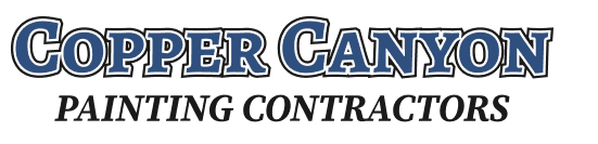 This is an image from Copper Canyon Painting Contractors, located in Arizona. The logo for Copper Canyon Painting Contractors features bold blue outlined text above black italic lettering for the painting company.
