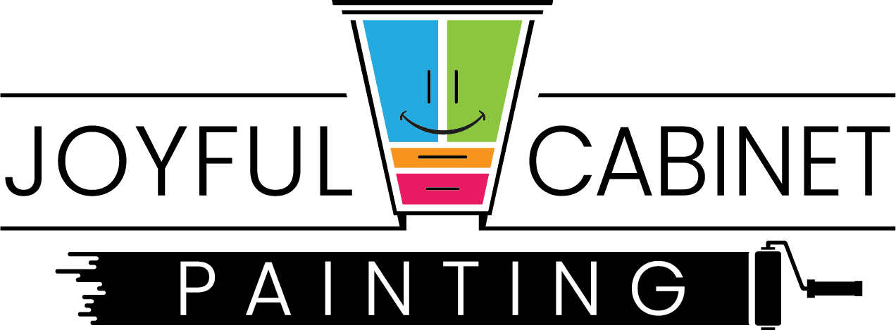 This is an image from Joyful Cabinet Painting, located in Ohio. The logo for Joyful Cabinet Painting features colorful cabinet-style graphics with a smiling face design and bold black text emphasizing cabinet painting services.