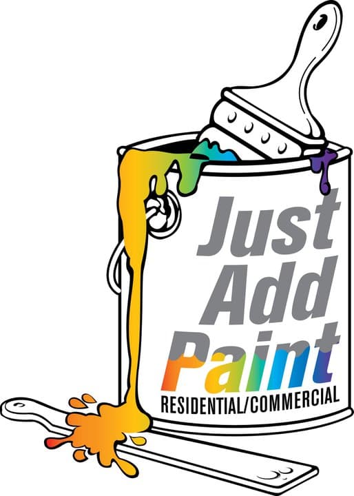 This is an image from Just Add Paint, located in Pennsylvania. The logo for Just Add Paint features a paint can with colorful paint dripping over the sides and bold text reading residential and commercial painting.
