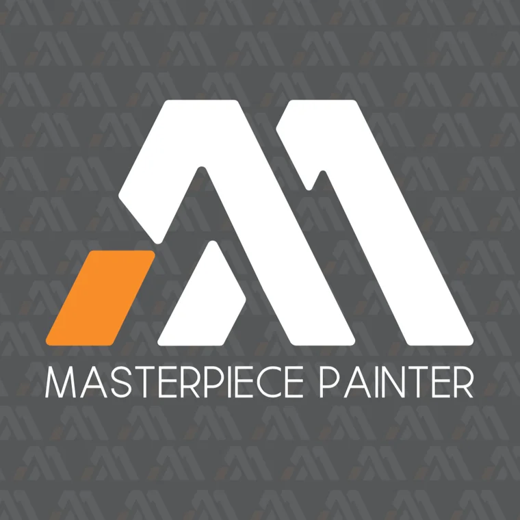 This is the logo of Masterpiece Painter, a painting company. The design features a bold white “M” with an orange accent on a gray patterned background.