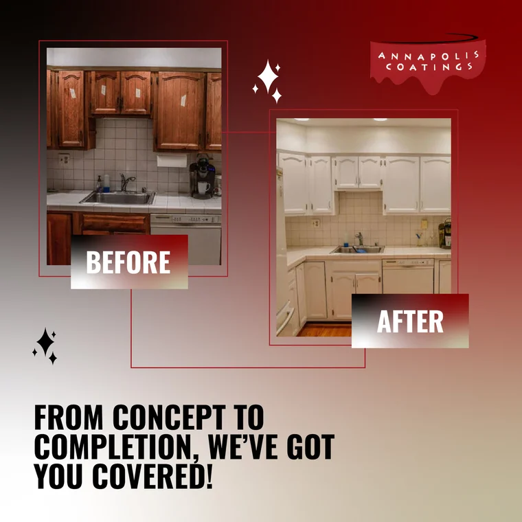 This is an image from Annapolis Coatings, located in Maryland. The side-by-side kitchen transformation shows dark wooden cabinets in the before image and bright white refinished cabinets in the after image.