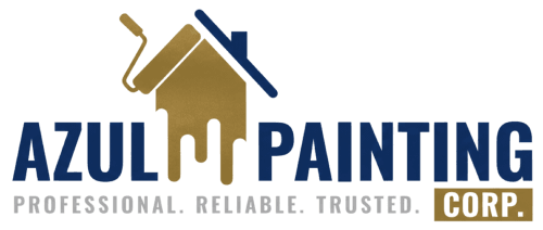 This is an image from Azul Painting Corp, located in New Jersey. The logo for Azul Painting Corp features bold blue and gold text with a stylized paint roller and house icon representing professional painting services.