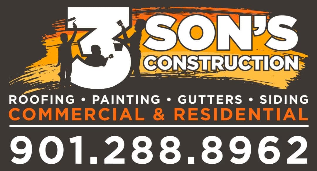 Logo for 3 Son's Construction, a painting company in Eads, Tennessee. The image shows the orange-and-white 3 Son’s Construction roofing and painting logo.