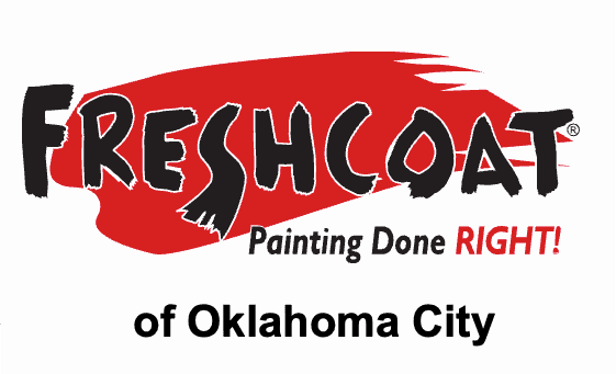 This is an image from Fresh Coat Painters of Oklahoma City, located in Oklahoma. The logo for Fresh Coat Painters of Oklahoma City features a red paint splash behind a black brush-script 'Fresh Coat' wordmark with 'PAINTERS' and 'of Oklahoma City' in clean uppercase lettering.