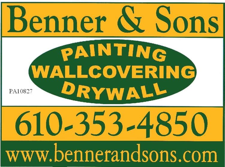 This is an image from Benner & Sons Inc company, located in Newtown Square, PA. The image is a Benner & Sons logo featuring painting, wallcovering, and drywall services, phone number 610-353-4850, and website.