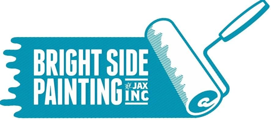 This is an image from Bright Side Painting Of Jax company, located in Jacksonville Beach, FL. The image is a Bright Side Painting of Jax Inc logo featuring a blue paint roller and bold white lettering on a paint stroke background