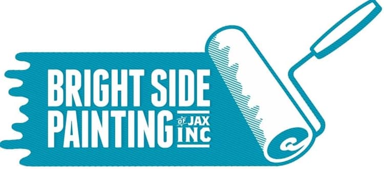 This is an image from Bright Side Painting Of Jax company, located in Jacksonville Beach, FL. The image is a Bright Side Painting of Jax Inc logo featuring a blue paint roller and bold white lettering on a paint stroke background