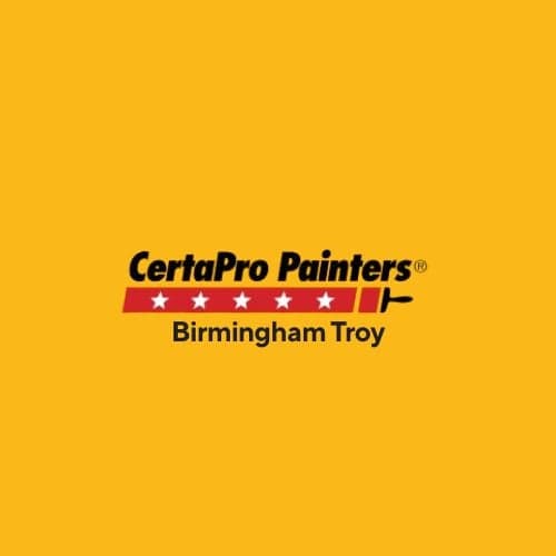 This is an image from CertaPro Painters of Birmingham Troy, located in Michigan. The logo for CertaPro Painters of Birmingham Troy features bold black lettering with a red banner of stars and a paintbrush graphic on a yellow background.